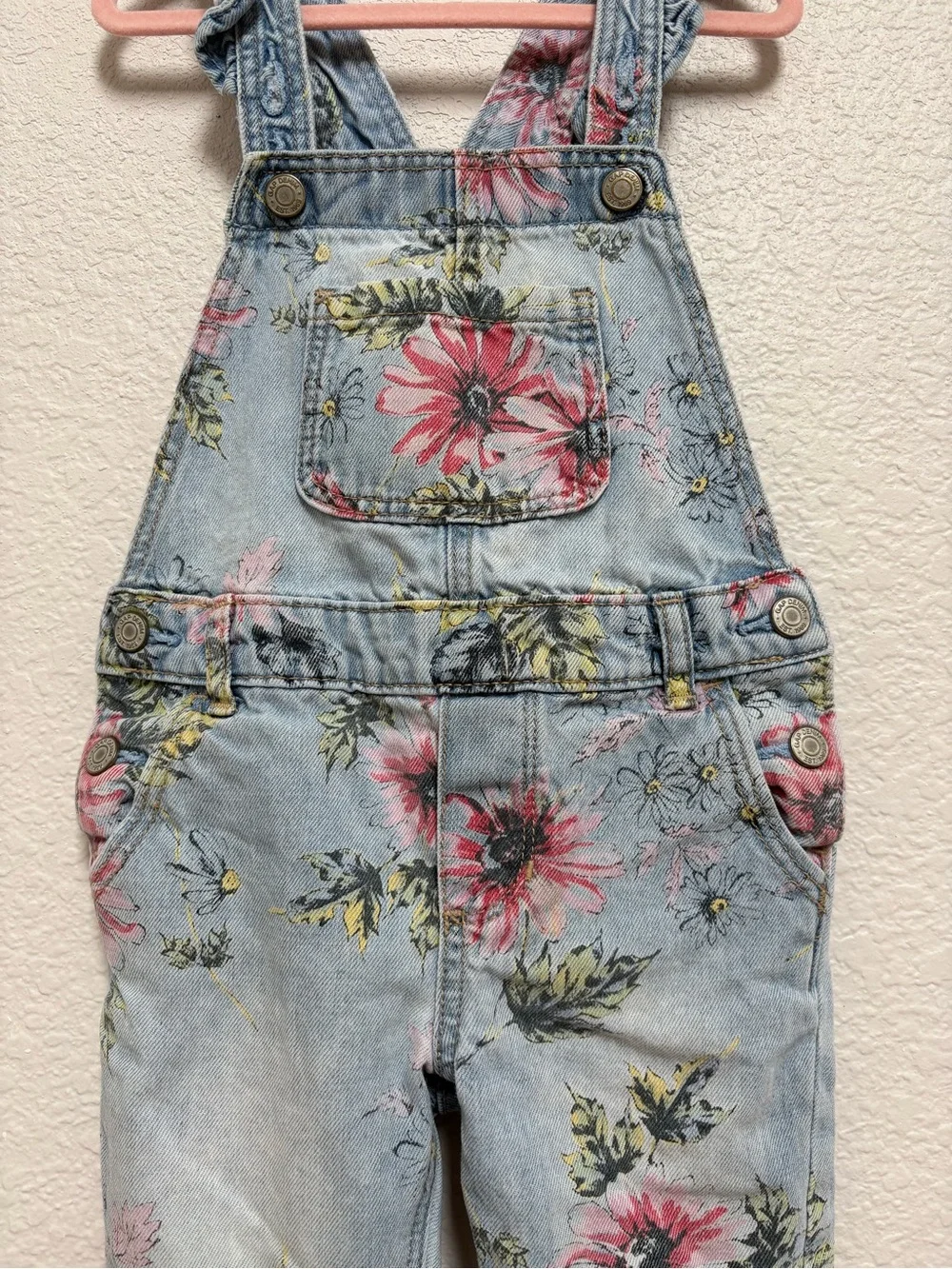 GAP Toddler Girls Floral Print Light Blue Denim Overalls 100% Cotton 3T